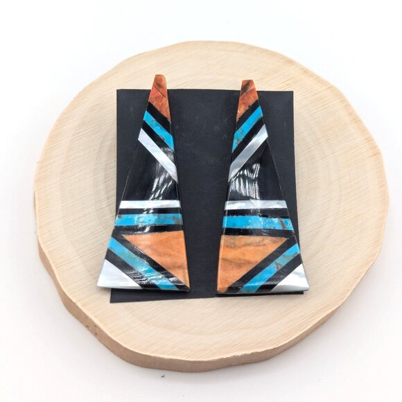 Native American Mosaic Dangle Earrings Handmade Inlay Jewelry Museum Quality** - Picture 3 of 10